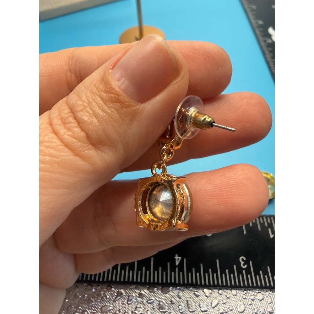 Gold Tone Yellow Crystal Teardrop Round Dangle Drop Earrings Formal Jewelry - Picture 4 of 6